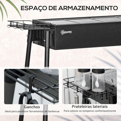 Outsunny Barbecue a Carvão com 2 Grelhas de Aço Inoxidável Barbecue Portátil com 2 Prateleiras para Temperos com Ganchos para Campismo Jardim 77x30x70 cm Preto