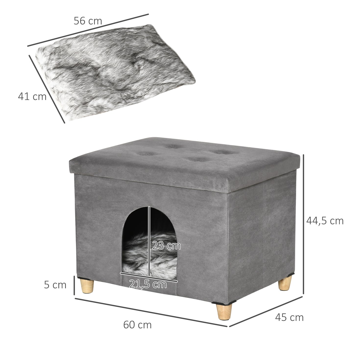 PawHut Caverna para Gatos 2 em 1 Banco para Apoio dos Pés com Tampa Removível Orifício de Entrada Almofada Lavável e Pés Elevados de Madeira para Interior 60x45x44,5cm Cinza