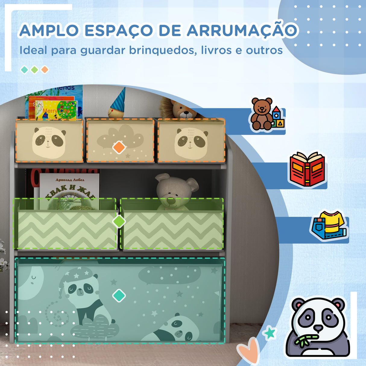 ZONEKIZ Estante para Brinquedos com 6 Caixas de Tecido não Tecido Amovíveis Organizador de Brinquedos para Crianças de 3-8 Anos para Dormitório 63x30x66 cm Ciza