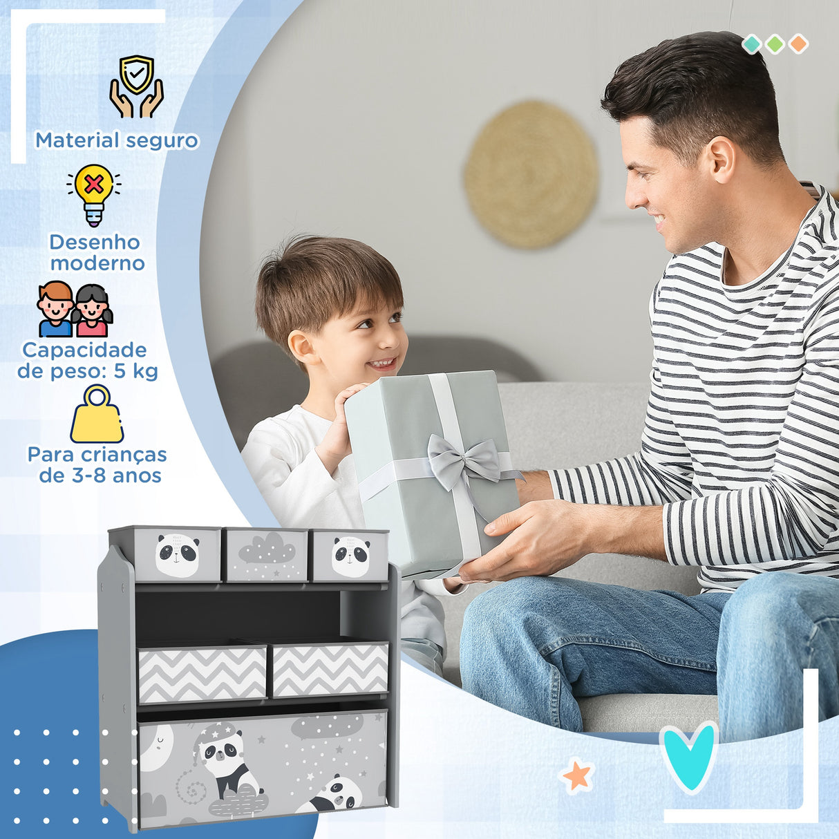 ZONEKIZ Estante para Brinquedos com 6 Caixas de Tecido não Tecido Amovíveis Organizador de Brinquedos para Crianças de 3-8 Anos para Dormitório 63x30x66 cm Ciza