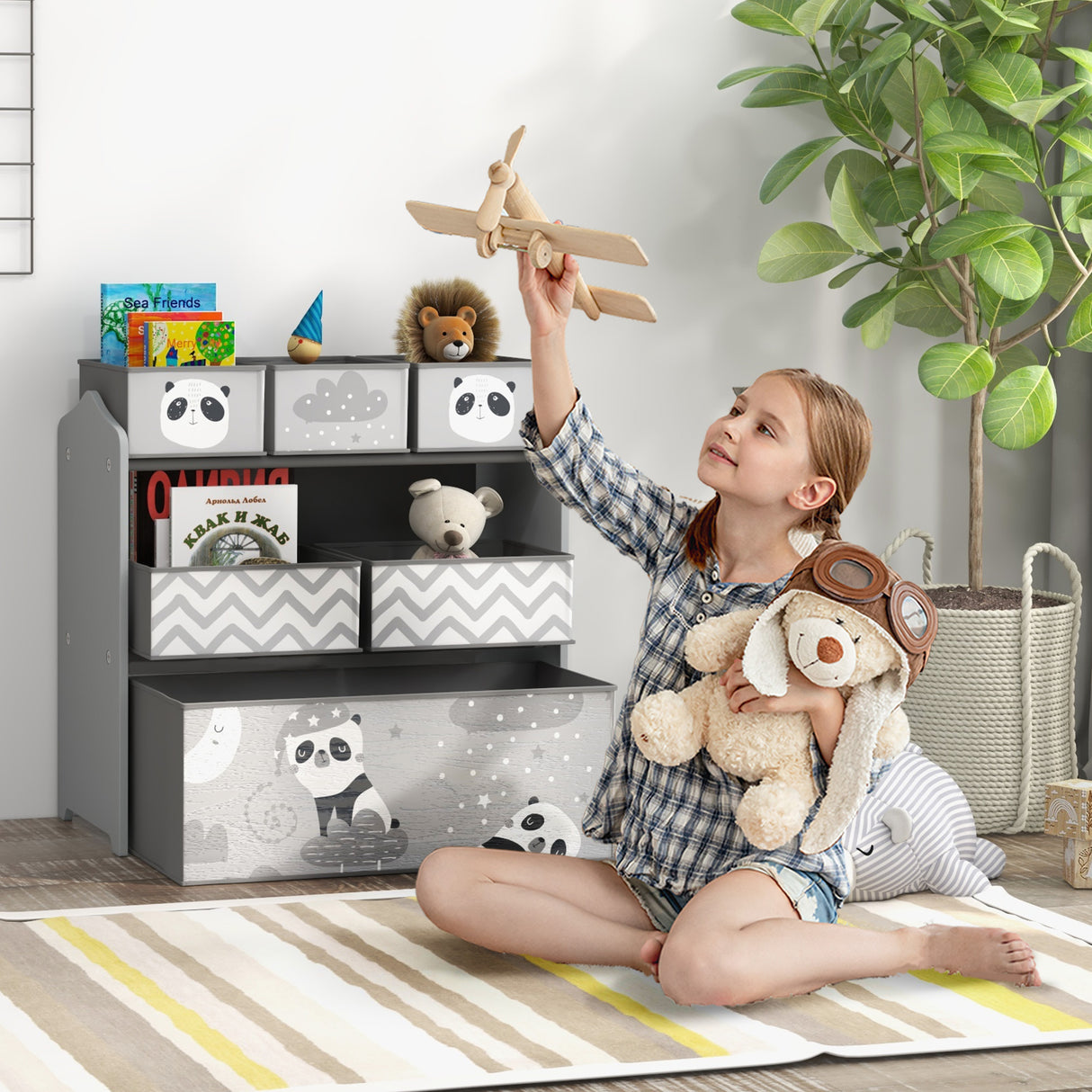 ZONEKIZ Estante para Brinquedos com 6 Caixas de Tecido não Tecido Amovíveis Organizador de Brinquedos para Crianças de 3-8 Anos para Dormitório 63x30x66 cm Ciza