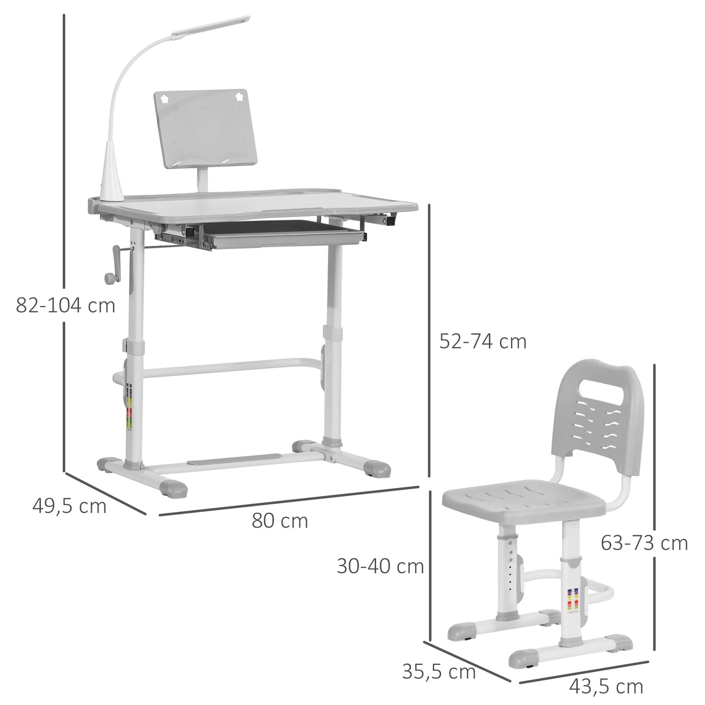 HOMCOM Conjunto de Secretária e Cadeira para Crianças acima de 3 Anos Secretária Infantil com Altura Ajustável Mesa Inclinável Gaveta Lâmpada LED e Suporte para Lápis 80x49,5x80-105cm e 36x34x60-73 cm Cinza