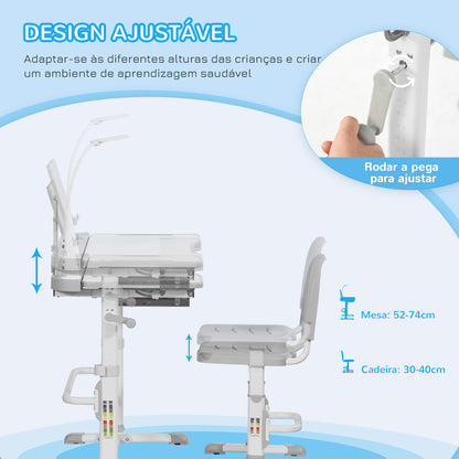 HOMCOM Conjunto de Secretária e Cadeira para Crianças acima de 3 Anos Secretária Infantil com Altura Ajustável Mesa Inclinável Gaveta Lâmpada LED e Suporte para Lápis 80x49,5x80-105cm e 36x34x60-73 cm Cinza