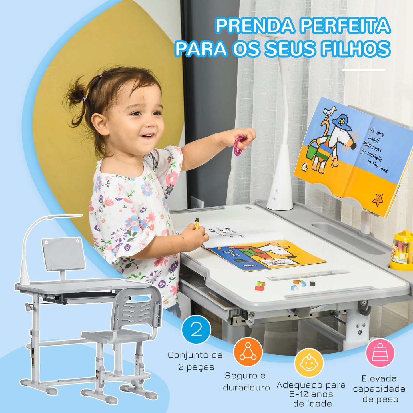 HOMCOM Conjunto de Secretária e Cadeira para Crianças acima de 3 Anos Secretária Infantil com Altura Ajustável Mesa Inclinável Gaveta Lâmpada LED e Suporte para Lápis 80x49,5x80-105cm e 36x34x60-73 cm Cinza