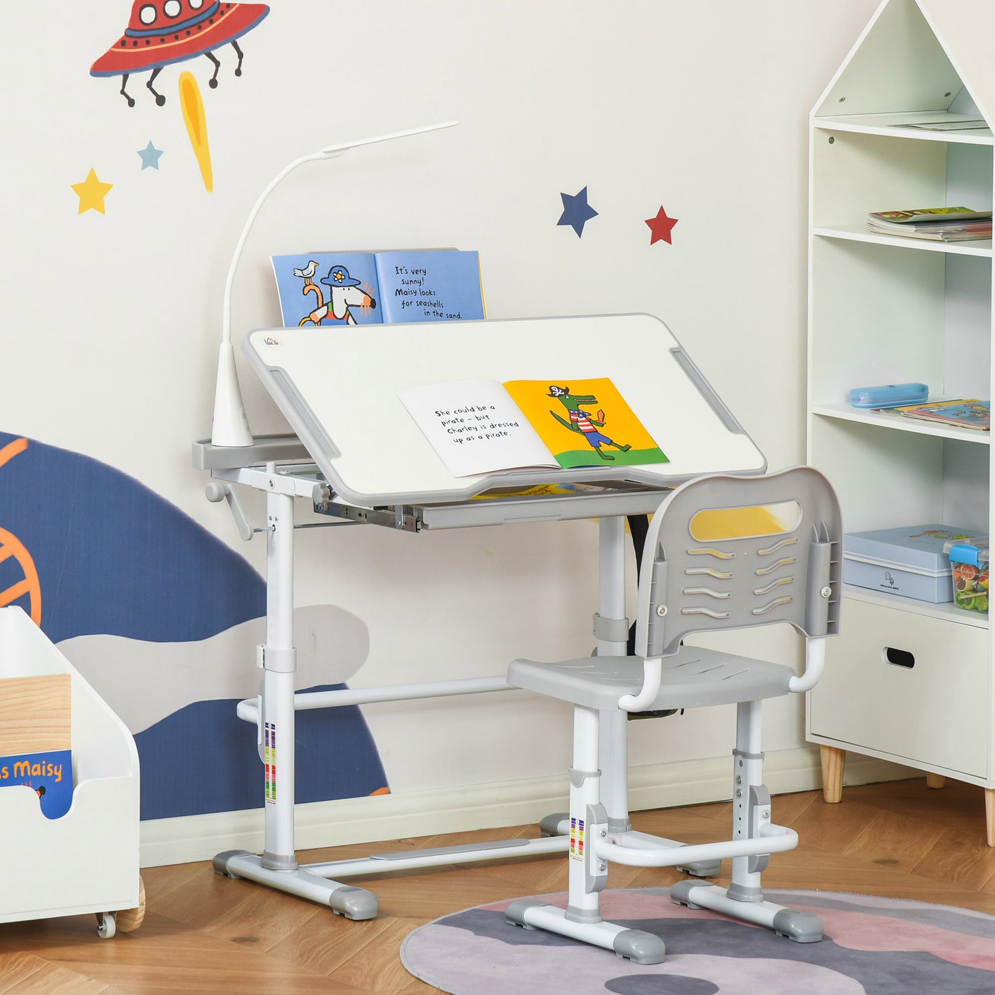 HOMCOM Conjunto de Secretária e Cadeira para Crianças acima de 3 Anos Secretária Infantil com Altura Ajustável Mesa Inclinável Gaveta Lâmpada LED e Suporte para Lápis 80x49,5x80-105cm e 36x34x60-73 cm Cinza