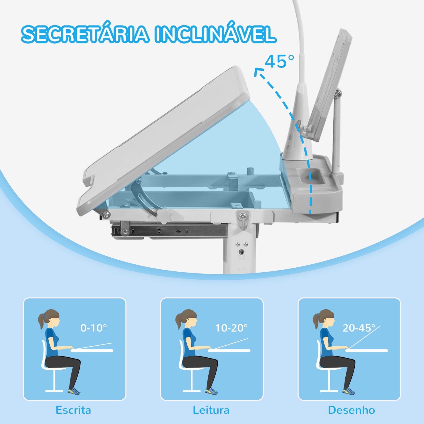 HOMCOM Conjunto de Secretária e Cadeira para Crianças acima de 3 Anos Secretária Infantil com Altura Ajustável Mesa Inclinável Gaveta Lâmpada LED e Suporte para Lápis 80x49,5x80-105cm e 36x34x60-73 cm Cinza