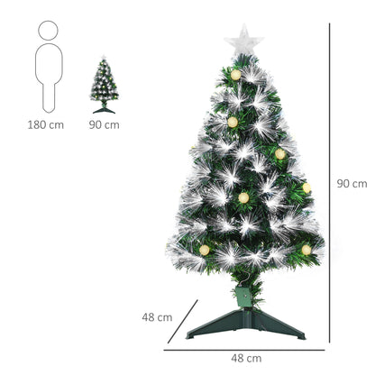 HOMCOM Árvore de Natal 90 cm Árvore de Natal com Fibra Óptica Árvore de Natal Artificial com 90 Luzes LED e 90 Ramos para Interior Verde e Branco