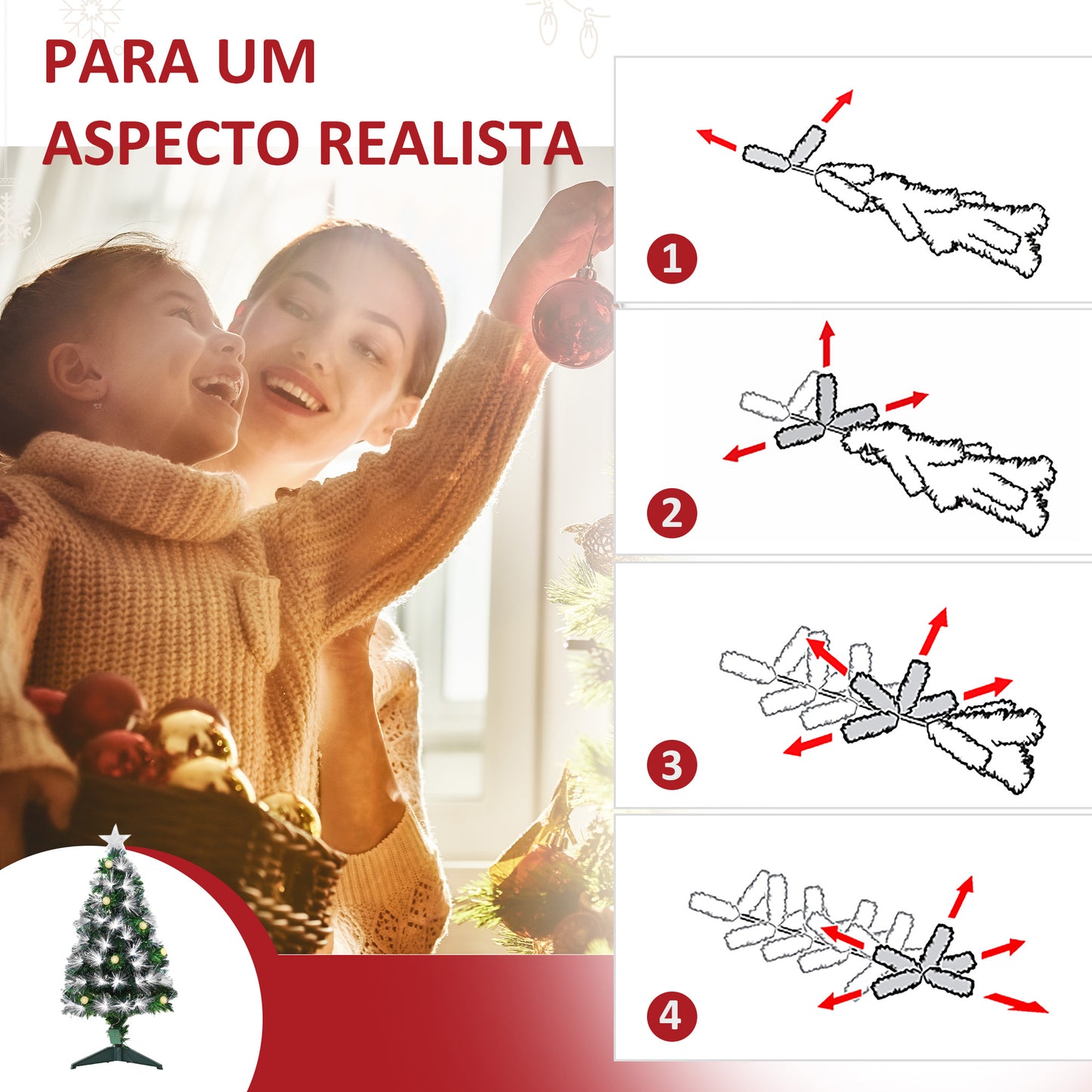 HOMCOM Árvore de Natal 90 cm Árvore de Natal com Fibra Óptica Árvore de Natal Artificial com 90 Luzes LED e 90 Ramos para Interior Verde e Branco