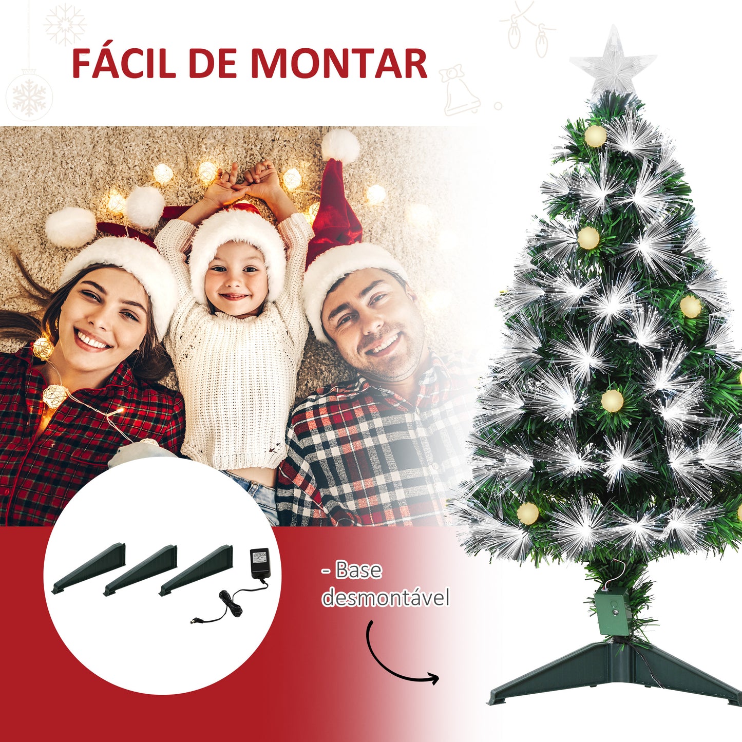 HOMCOM Árvore de Natal 90 cm Árvore de Natal com Fibra Óptica Árvore de Natal Artificial com 90 Luzes LED e 90 Ramos para Interior Verde e Branco