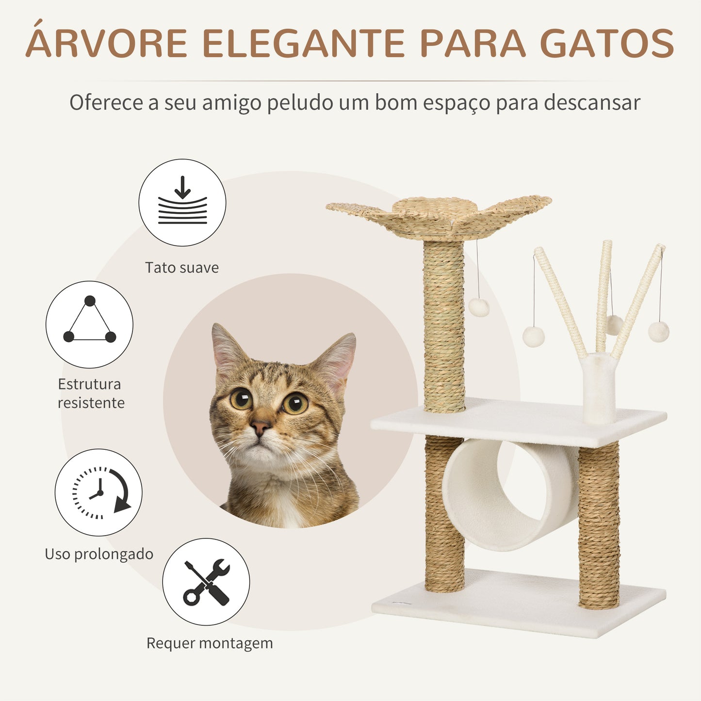 PawHut Árvore Arranhador para Gatos Médios Altura 91cm Torre para Gatos com Cama em Forma de Flor Plataformas Postes de Arranhar Túnel e Bolas Suspensas 56x40x91cm Branco e Bege