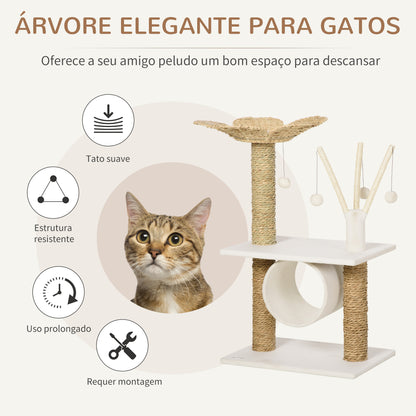 PawHut Árvore Arranhador para Gatos Médios Altura 91cm Torre para Gatos com Cama em Forma de Flor Plataformas Postes de Arranhar Túnel e Bolas Suspensas 56x40x91cm Branco e Bege