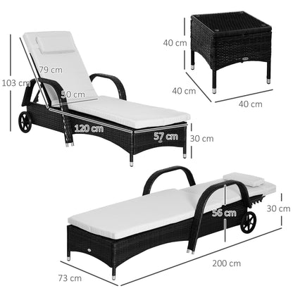 Outsunny Espreguiçadeiras x2 com Mesa de Vime Chaise Longue para Jardim Pátio Cadeira de exterior com Almofadas Acolchadas Preto e Branco