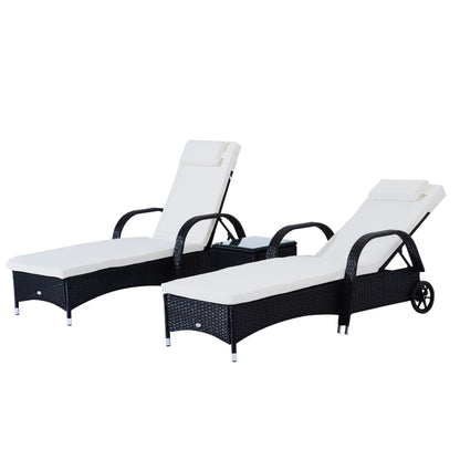 Outsunny Espreguiçadeiras x2 com Mesa de Vime Chaise Longue para Jardim Pátio Cadeira de exterior com Almofadas Acolchadas Preto e Branco