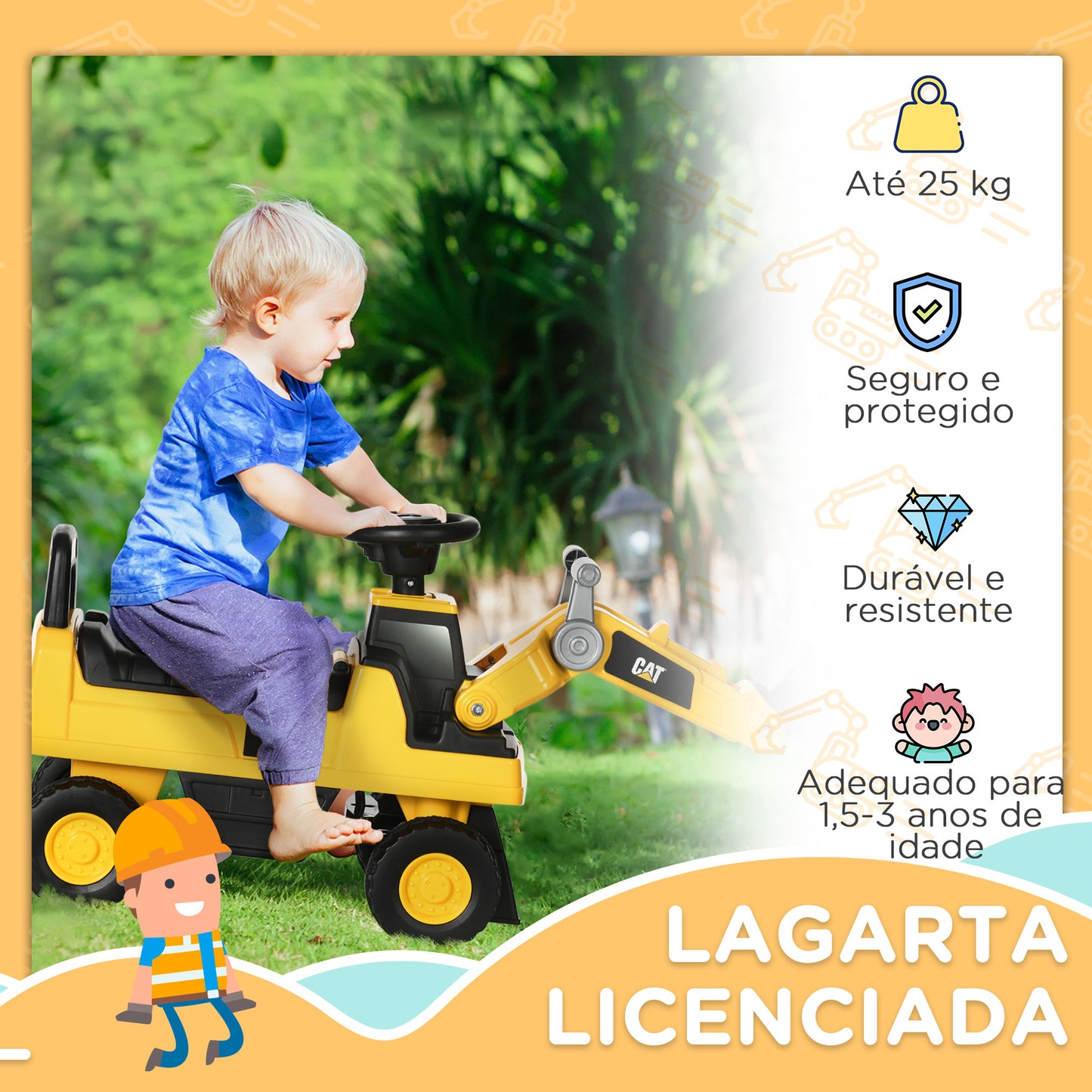 HOMCOM Escavadora com Licença Caterpillar Carro Andador Escavadora para Crianças de 18 a 36 Meses com Pá Dianteira e Buzina Carga 25 kg 78x29,5x54 cm Amarelo