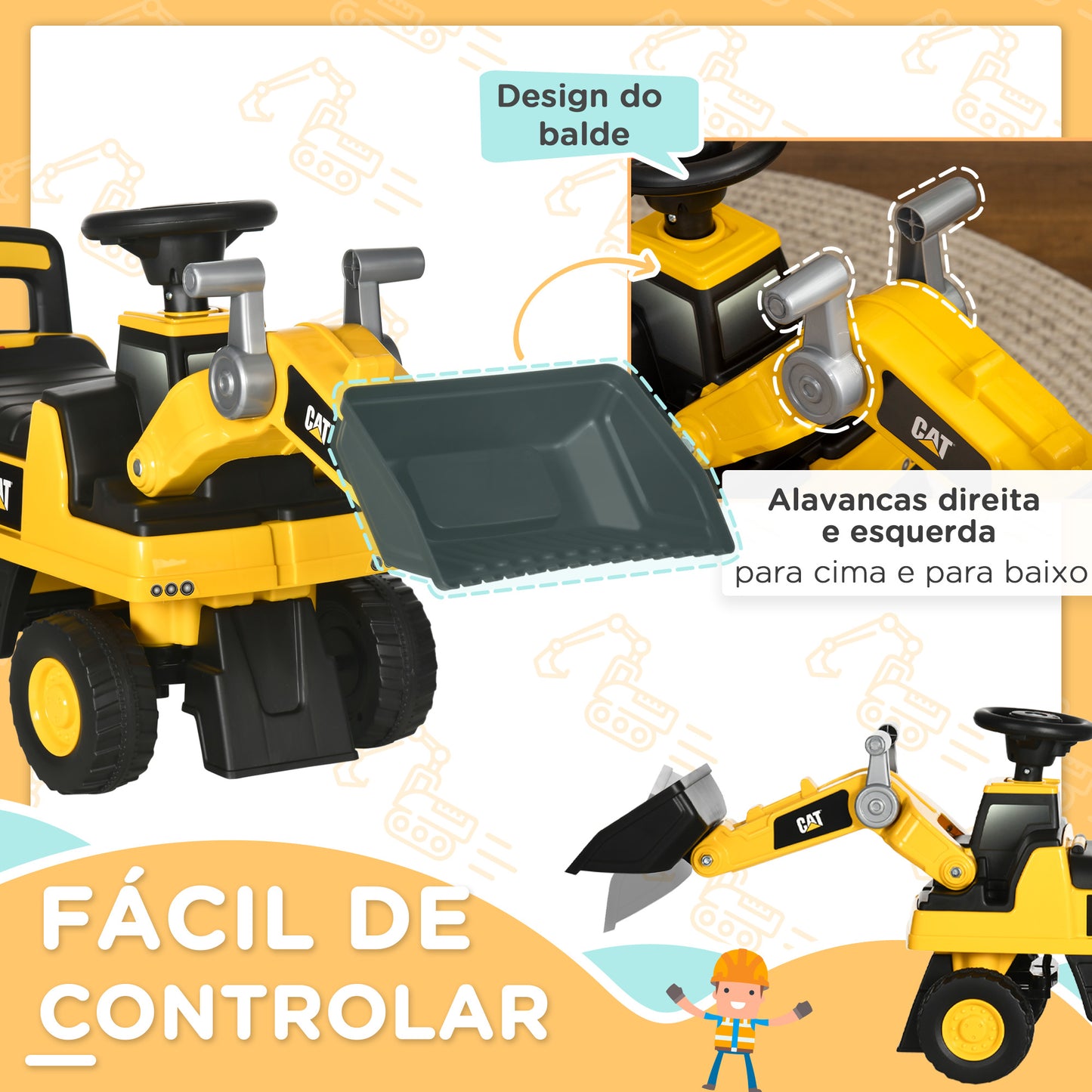 HOMCOM Escavadora com Licença Caterpillar Carro Andador Escavadora para Crianças de 18 a 36 Meses com Pá Dianteira e Buzina Carga 25 kg 78x29,5x54 cm Amarelo