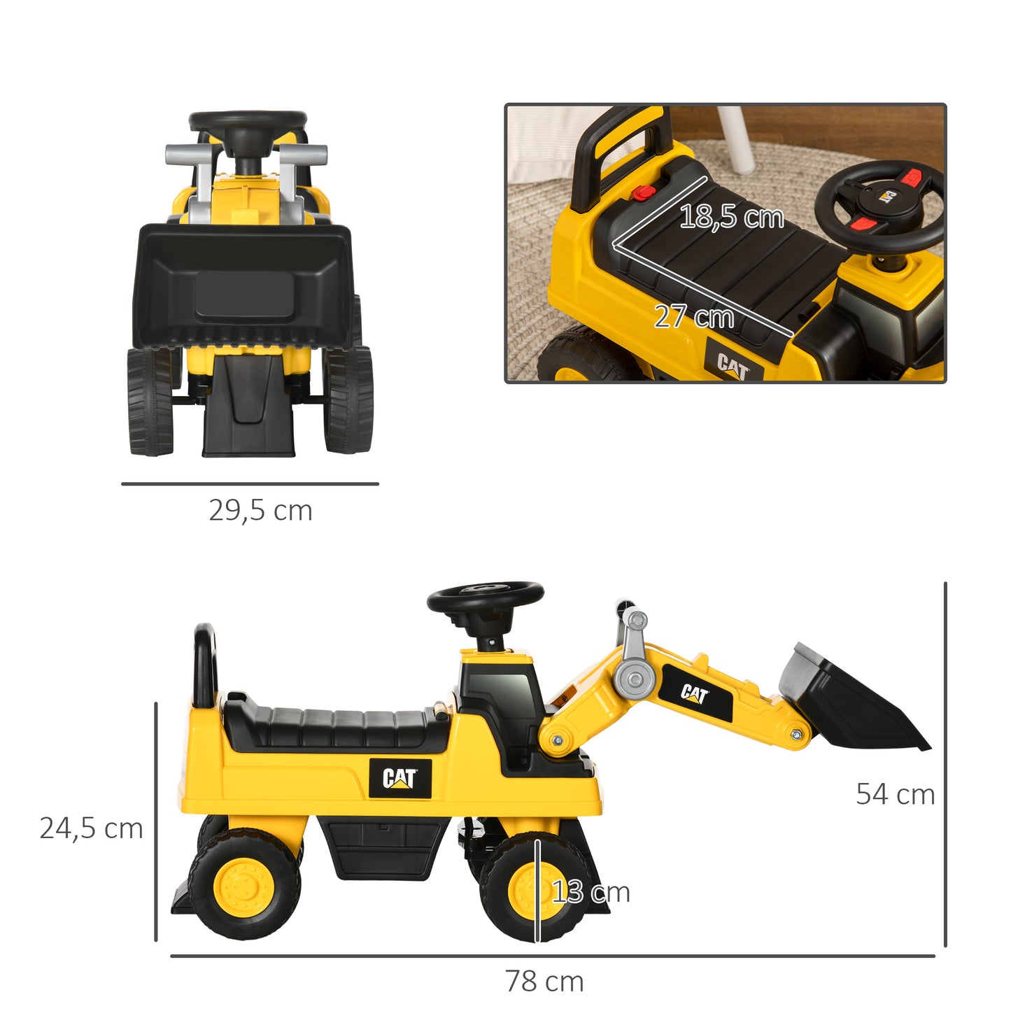 HOMCOM Escavadora com Licença Caterpillar Carro Andador Escavadora para Crianças de 18 a 36 Meses com Pá Dianteira e Buzina Carga 25 kg 78x29,5x54 cm Amarelo