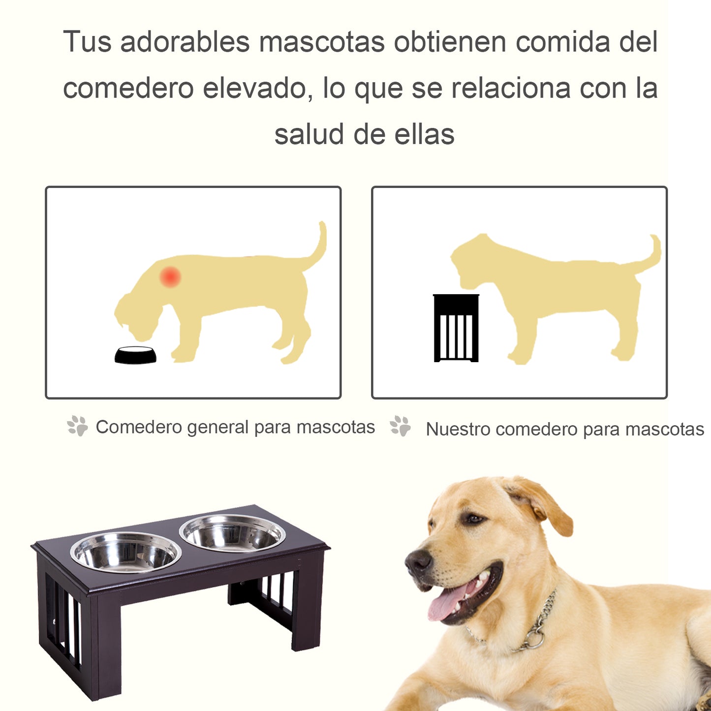 PawHut Comedouro Elevado para Cães com Suporte e 2 Tigelas Amovíveis de Aço Inoxidável Alimentador para Animais de Estimação 58,4x30,5x25,4 cm Marrom