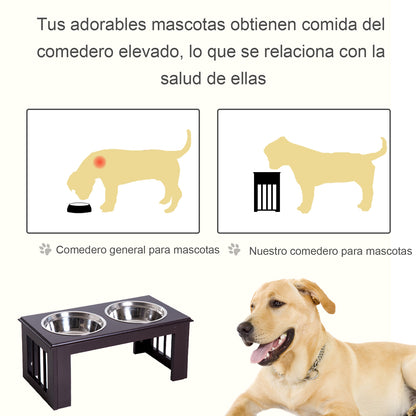 PawHut Comedouro Elevado para Cães com Suporte e 2 Tigelas Amovíveis de Aço Inoxidável Alimentador para Animais de Estimação 58,4x30,5x25,4 cm Marrom