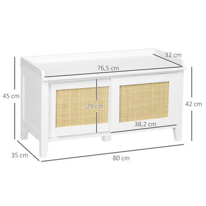 HOMCOM Banco Sapateira Móvel Sapateira com Banco 2 Portas de Vime Estilo Boémio Carga Máxima 130 kg para Corredor Entrada 80x35x45 cm Branco e Bege