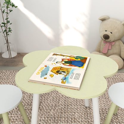 ZONEKIZ Conjunto de Mesa e 2 Cadeira para Crianças Mesa com Cadeiras para Crianças de 2-5 Anos Mesa com Forma de Flor Ø59x50 cm e Cadeiras Ø28x26 cm para Dormitório Sala de Estar Verde Pastel e Branco