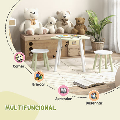 ZONEKIZ Conjunto de Mesa e 2 Cadeira para Crianças Mesa com Cadeiras para Crianças de 2-5 Anos Mesa com Forma de Flor Ø59x50 cm e Cadeiras Ø28x26 cm para Dormitório Sala de Estar Verde Pastel e Branco