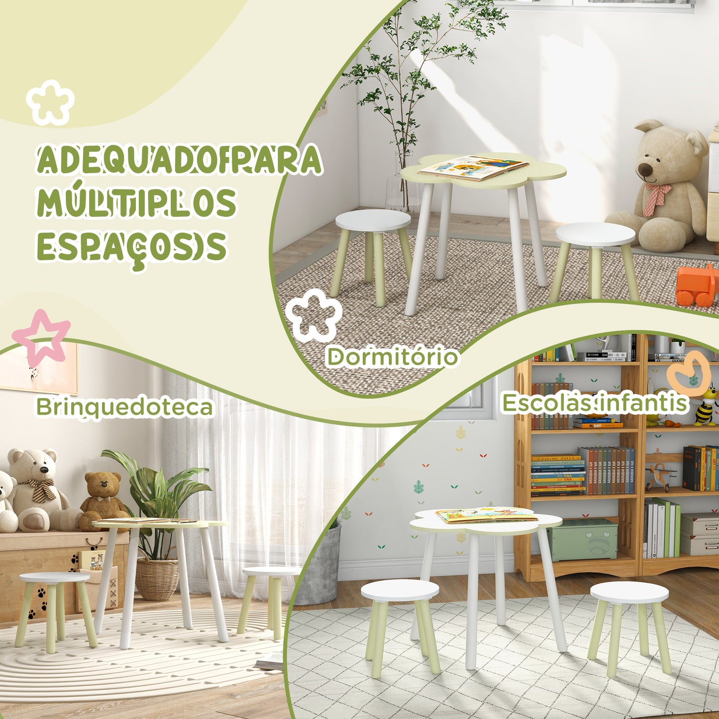 ZONEKIZ Conjunto de Mesa e 2 Cadeira para Crianças Mesa com Cadeiras para Crianças de 2-5 Anos Mesa com Forma de Flor Ø59x50 cm e Cadeiras Ø28x26 cm para Dormitório Sala de Estar Verde Pastel e Branco