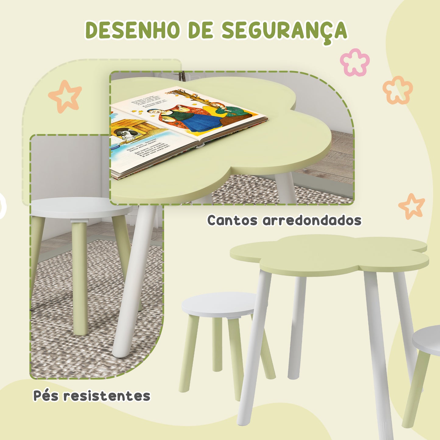 ZONEKIZ Conjunto de Mesa e 2 Cadeira para Crianças Mesa com Cadeiras para Crianças de 2-5 Anos Mesa com Forma de Flor Ø59x50 cm e Cadeiras Ø28x26 cm para Dormitório Sala de Estar Verde Pastel e Branco