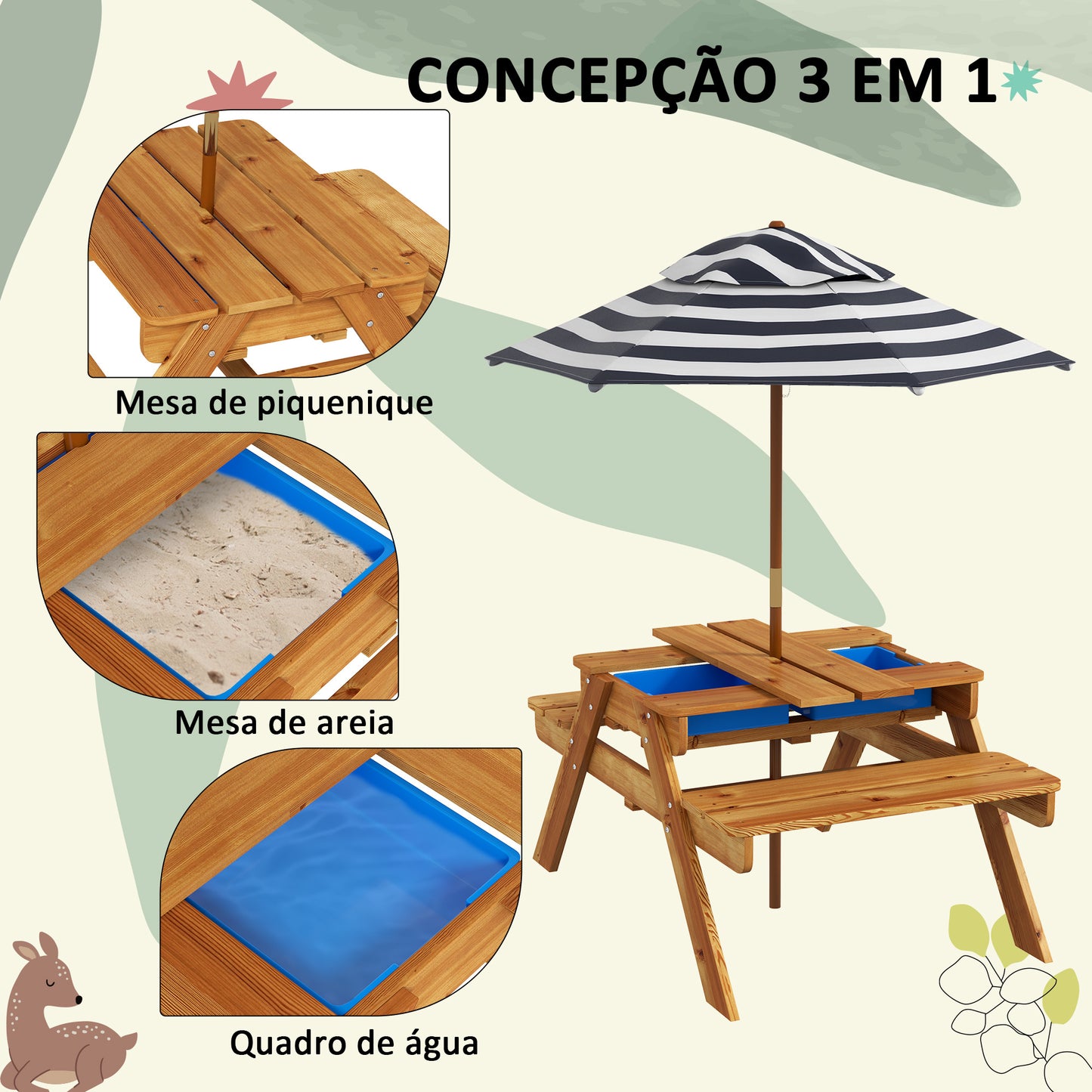 Outsunny Mesa de Piquenique para Crianças de Madeira Mesa e 2 Bancos Infantis com Chapéu de Sol e Caixa de Areia para Jardim Pátio 89x80,5x42,5 cm Teca