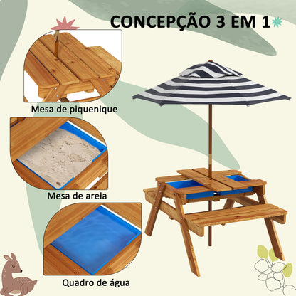 Outsunny Mesa de Piquenique para Crianças de Madeira Mesa e 2 Bancos Infantis com Chapéu de Sol e Caixa de Areia para Jardim Pátio 89x80,5x42,5 cm Teca