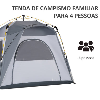 Outsunny Tenda de Campismo para 4 Pessoas Tenda de Campismo Pop UP com 4 Janelas 2 Bolsos de Armazenamento e Bolsa de Transporte 240x240x199 cm Cinza