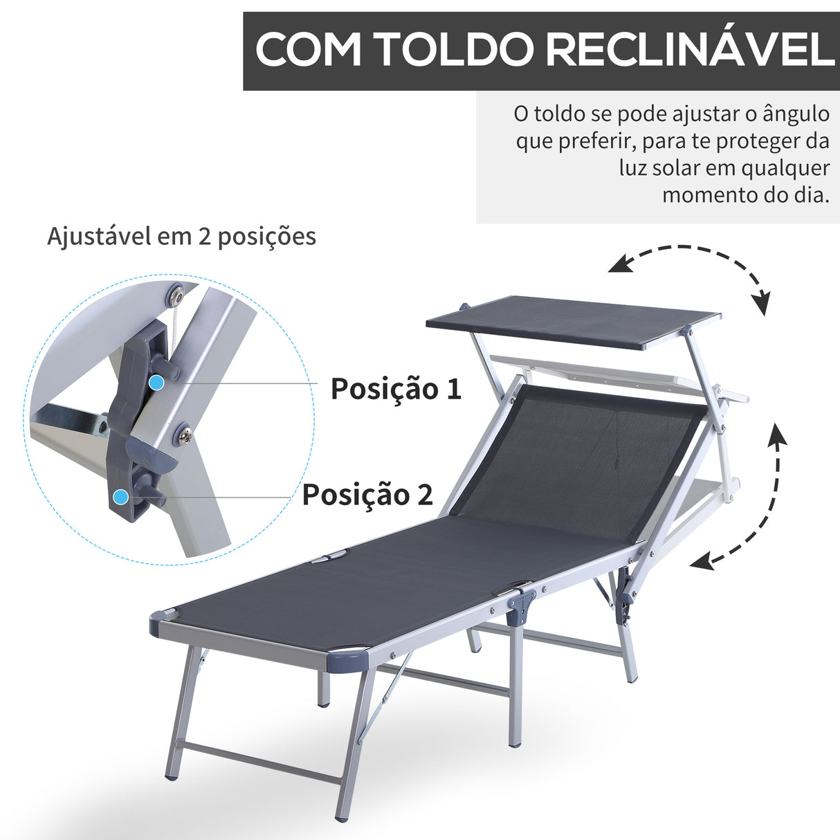 Outsunny Espreguiçadeira Dobrável e Reclinável com Toldo Ajustável em Ângulo Espreguiçadeira para Jardim Terraço Campismo Exterior 169x72x55-72cm Cinza