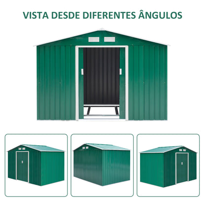 Outsunny Abrigo de Jardim Exterior 4,83m² 277x195x192cm Abrigo e Jardim Metálico para Armazenamento de Ferramentas com Base Incluída e 4 Janelas Verde Escuro