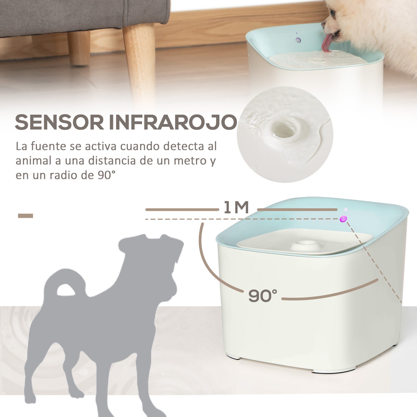 PawHut Dispensador de Água para Gatos 3L Fonte de Água Automática para Cães e Gatos com Sensor Infravermelho 3 Modos e Luz Indicadora LED 21x20x18cm Branco e Azul