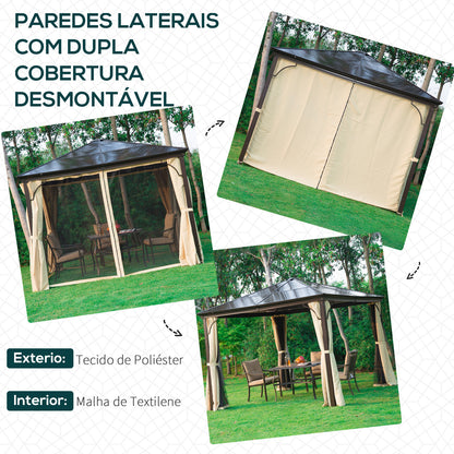 Outsunny Pérgola para Jardim 3x3m Pérgola para Exterior Anti UV Teto de Policarbonato e Mosquiteira Integrada Bege e Marrom