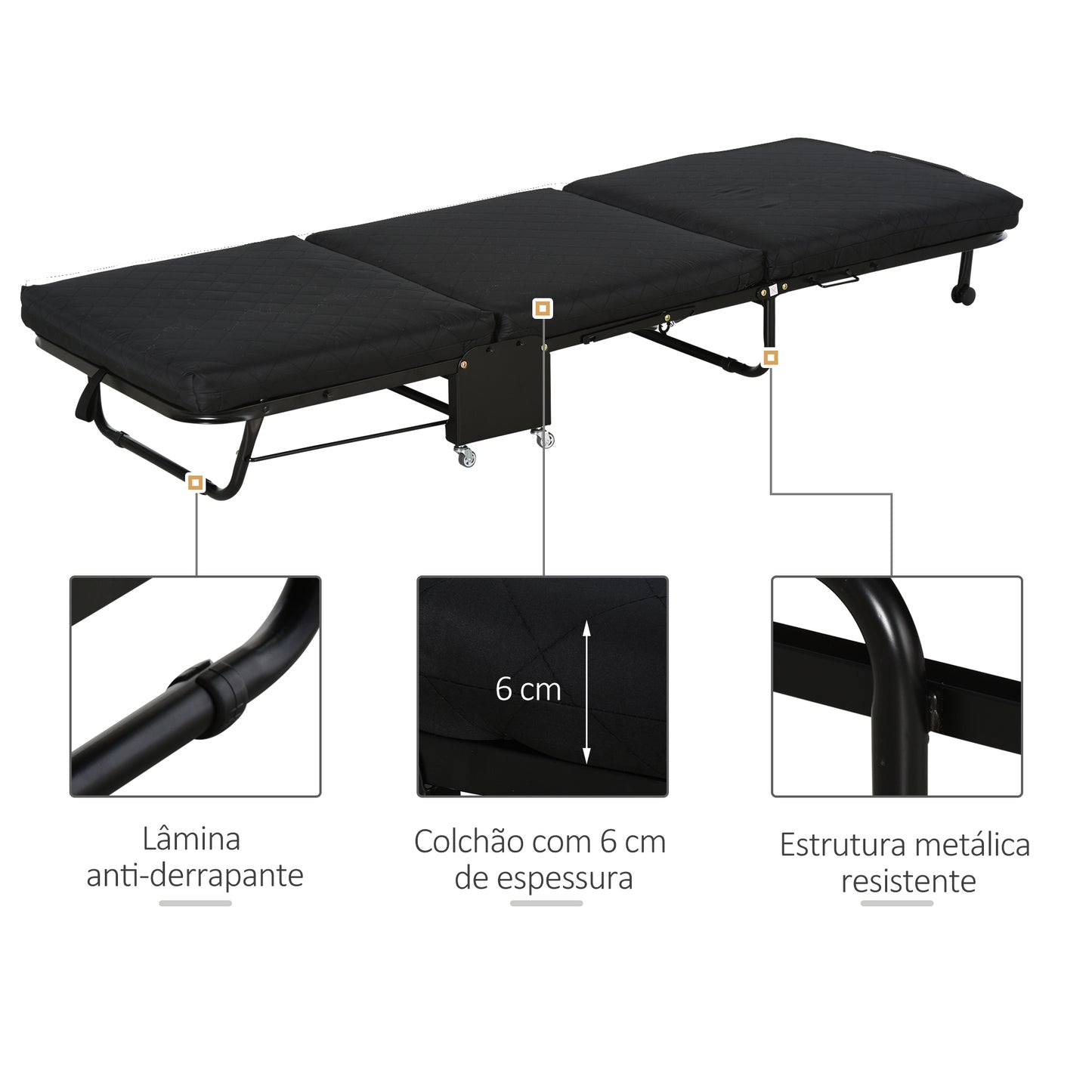 HOMCOM Cama Dobrável 184x65 cm Cama Dobrável Ajustável em 5 Níveis Rodas Universáis e Estrutura de Metal Carga Máxima 120 kg Preto