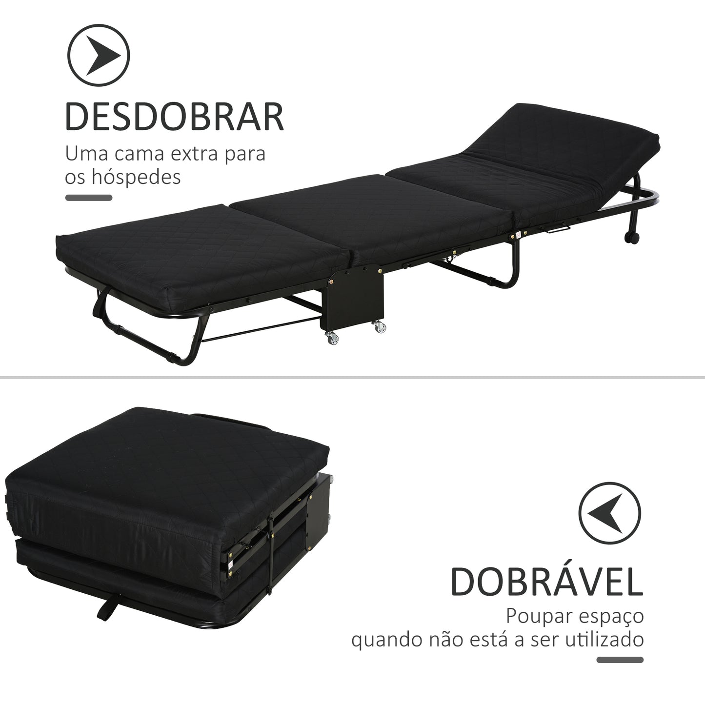 HOMCOM Cama Dobrável 184x65 cm Cama Dobrável Ajustável em 5 Níveis Rodas Universáis e Estrutura de Metal Carga Máxima 120 kg Preto