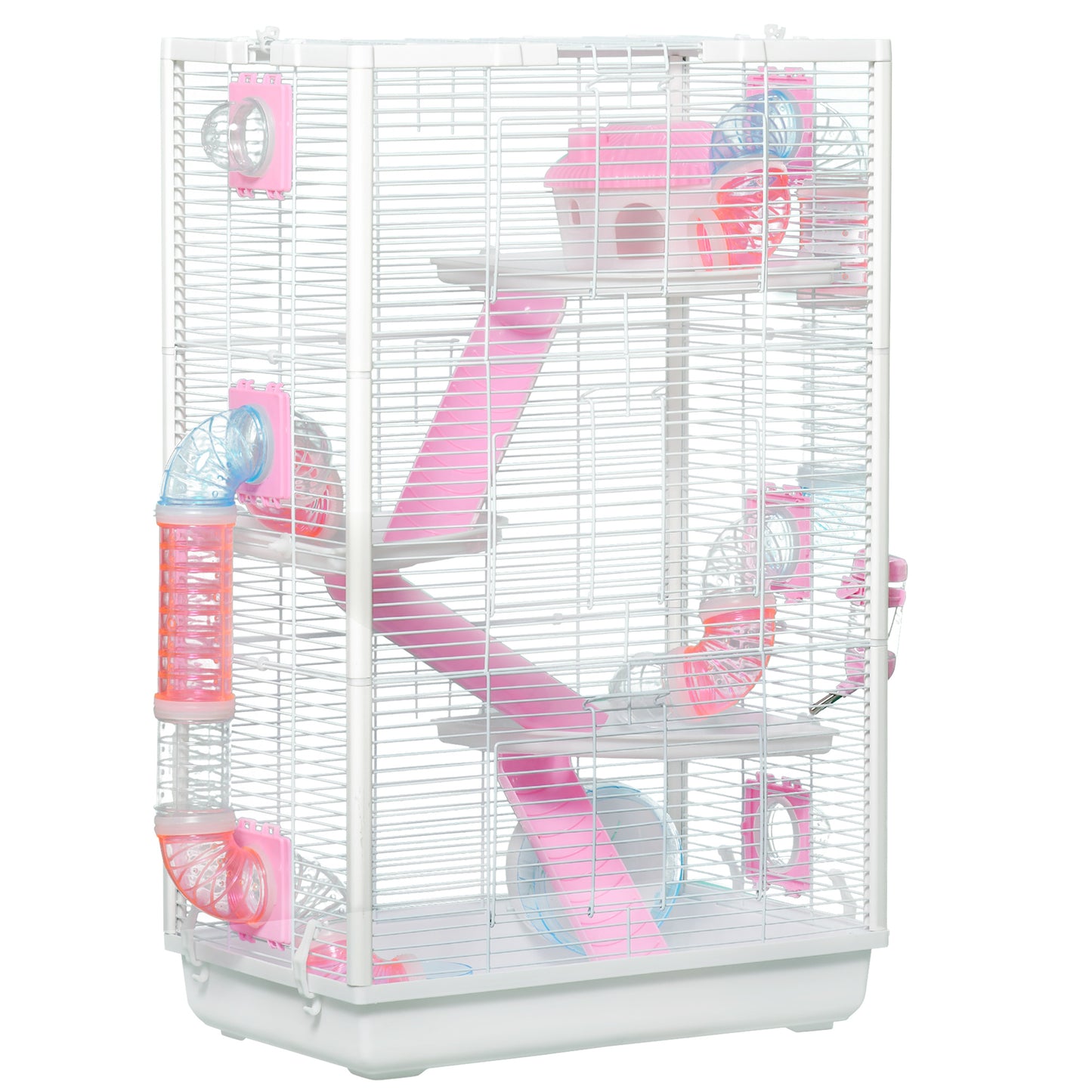 PawHut Gaiola para Hamster com Túnel Gaiola para Roedores com 3 Portas Plataformas Bandeja Comedouro Bebedouro Casa 3 Rampas e Roda de Exercícios 47x29,5x76 cm Branco