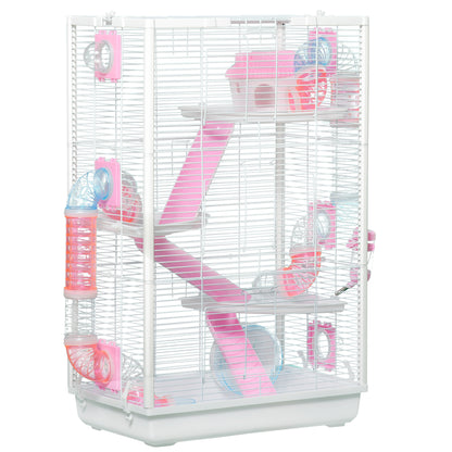 PawHut Gaiola para Hamster com Túnel Gaiola para Roedores com 3 Portas Plataformas Bandeja Comedouro Bebedouro Casa 3 Rampas e Roda de Exercícios 47x29,5x76 cm Branco