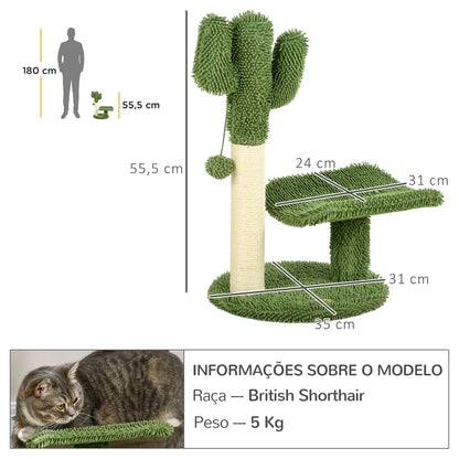 PawHut Arranhador para Gatos em Forma de Cactus de 55,5 cm Torre para Gatos com Poste de Sisal Cama e Bola de Brinquedo 35x31x55,5 cm Verde