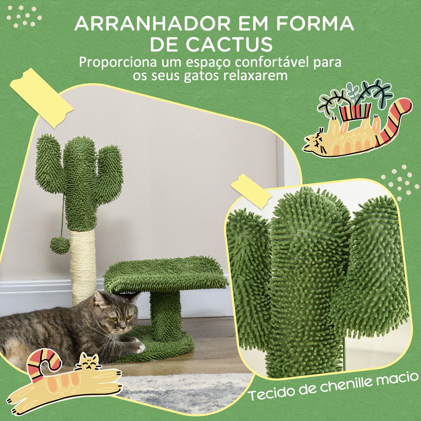 PawHut Arranhador para Gatos em Forma de Cactus de 55,5 cm Torre para Gatos com Poste de Sisal Cama e Bola de Brinquedo 35x31x55,5 cm Verde