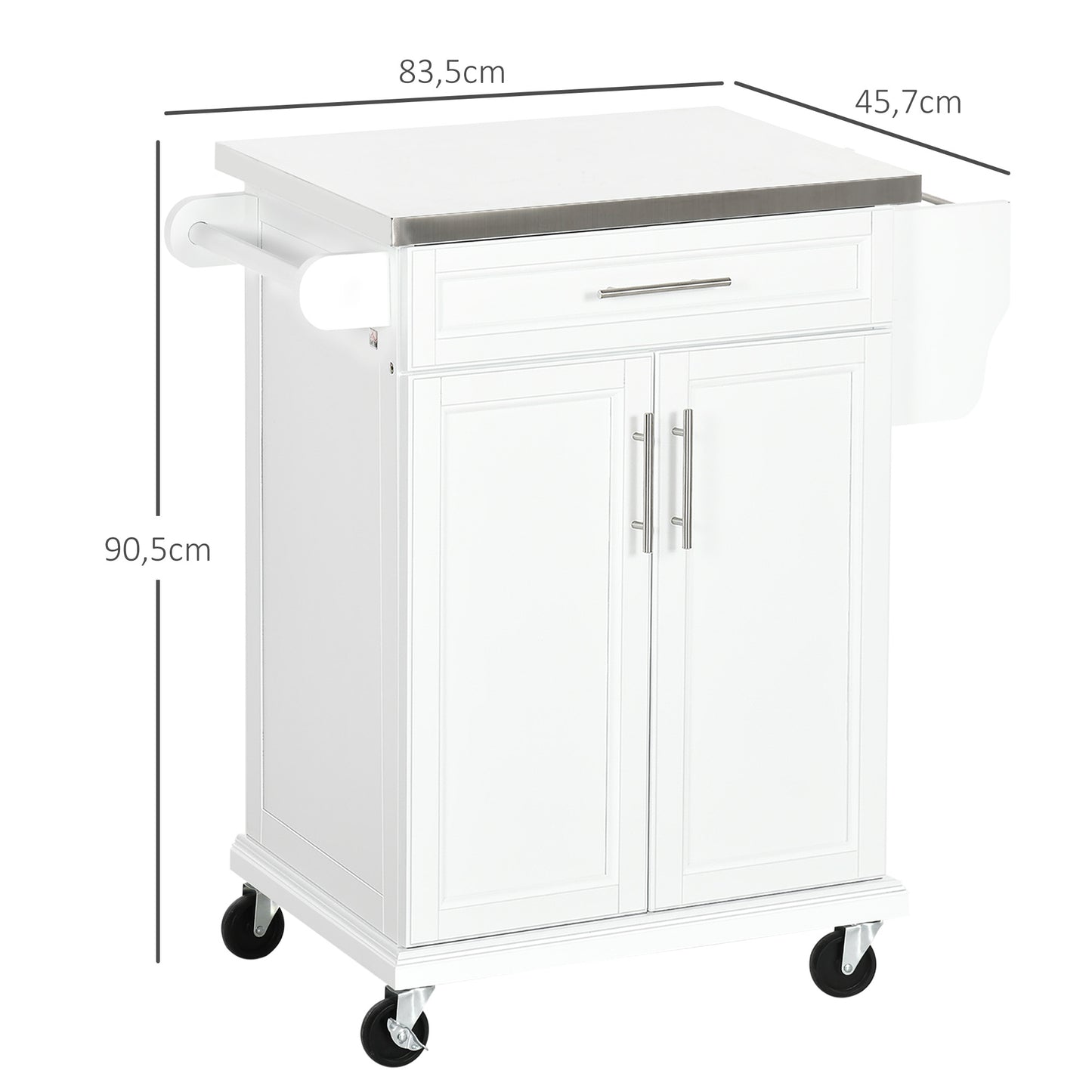 HOMCOM Ilha de Cozinha Móvel Auxiliar de Cozinha Moderno com 4 Rodas Gaveta Barra Suporte para Temperos e Prateleira Ajustável 83,5x45,7x90,5 cm Branco