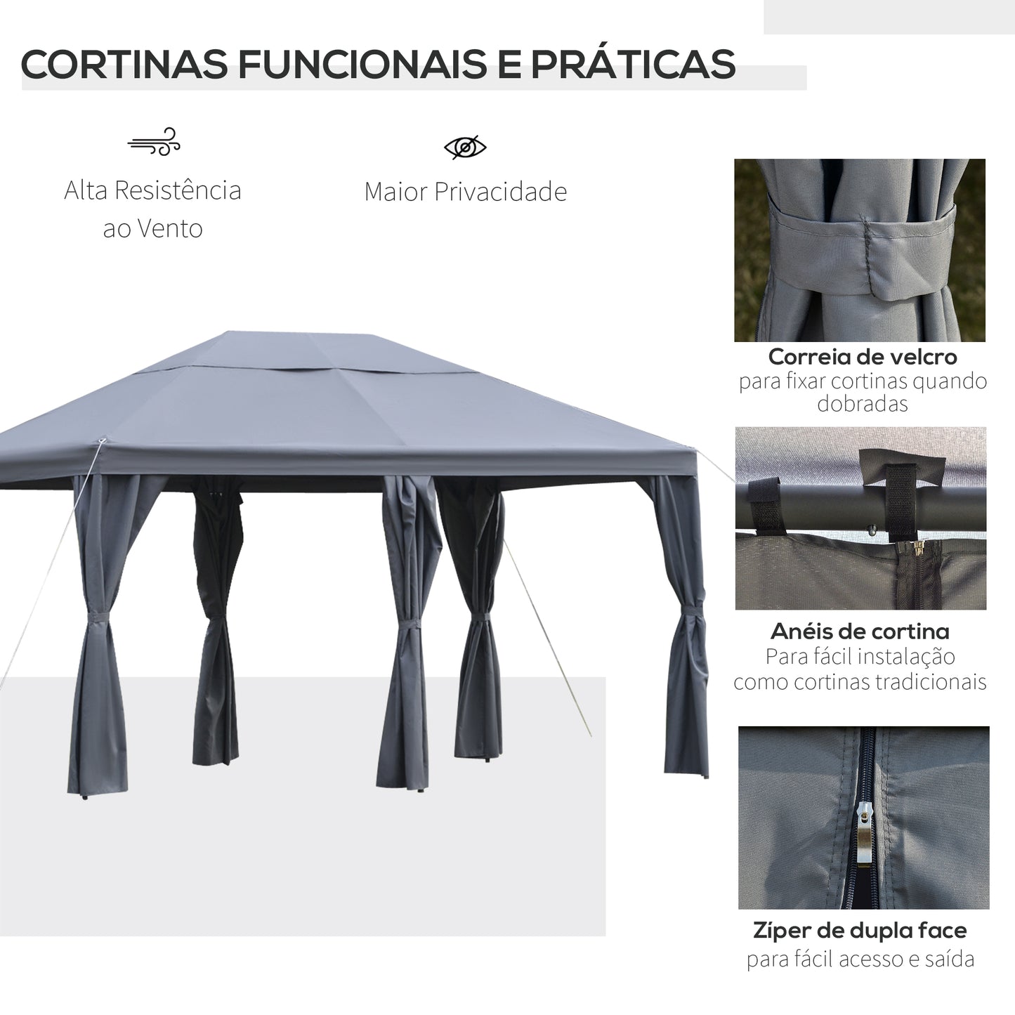 Outsunny Pérgola 4x3 m Pérgola com 6 Cortinas com Zíper Teto com Ventilação 8 Orifícios de Drenagem para Festas Reuniões ao Ar Livre Cinza