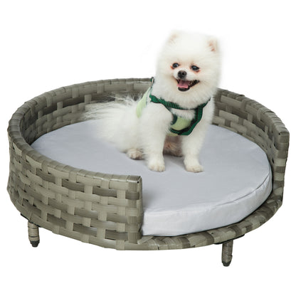 PawHut Sofá Cama para Cães e Gatos de Vime PE Cama Elevada Redonda para Animais de Estimação com Almofada Suave Lavável para Interior e Exterior 60x60x20cm Cinza