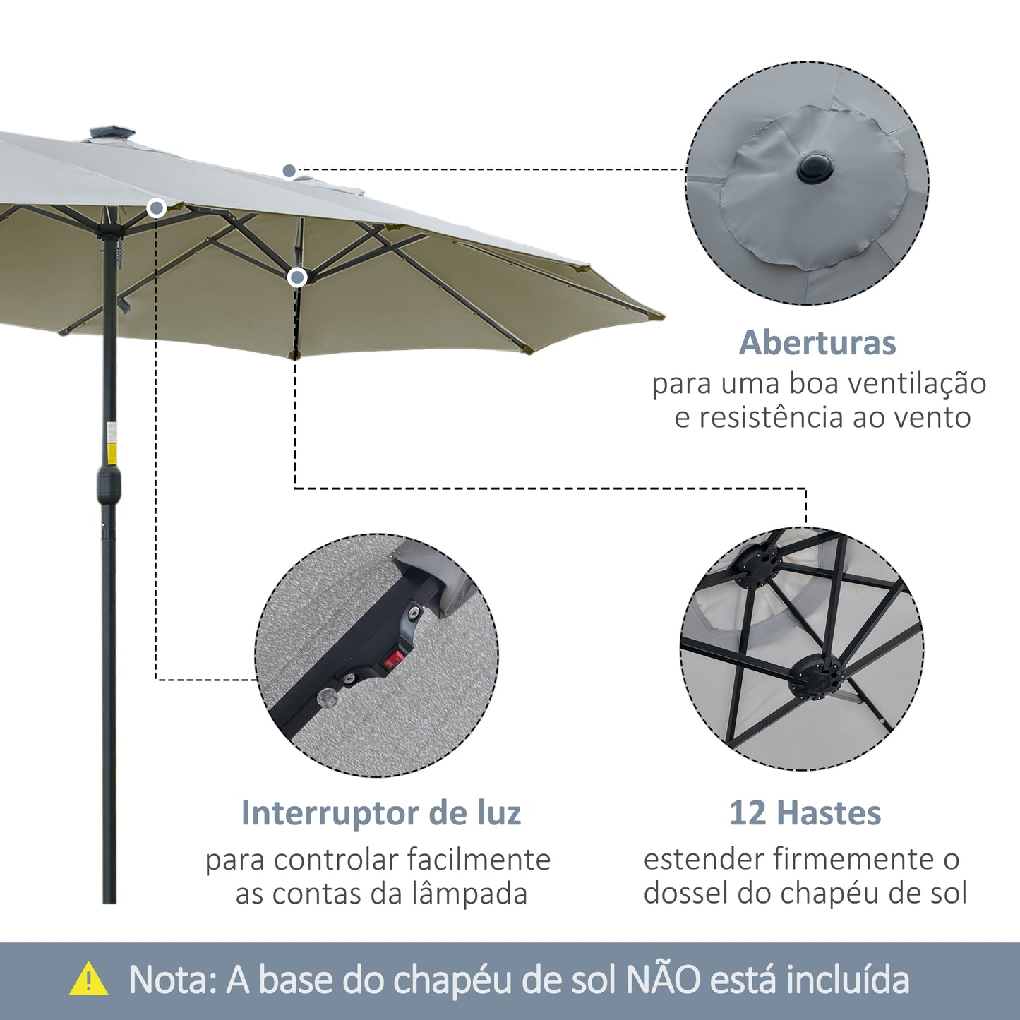 Outsunny Chapéu de Sol Duplo de Jardim com 48 Luzes LED Solar 450x265x240cm Chapéu de Sol de Exterior com Manivela Proteção Solar para Terraço Balcão Piscina Cinza Claro