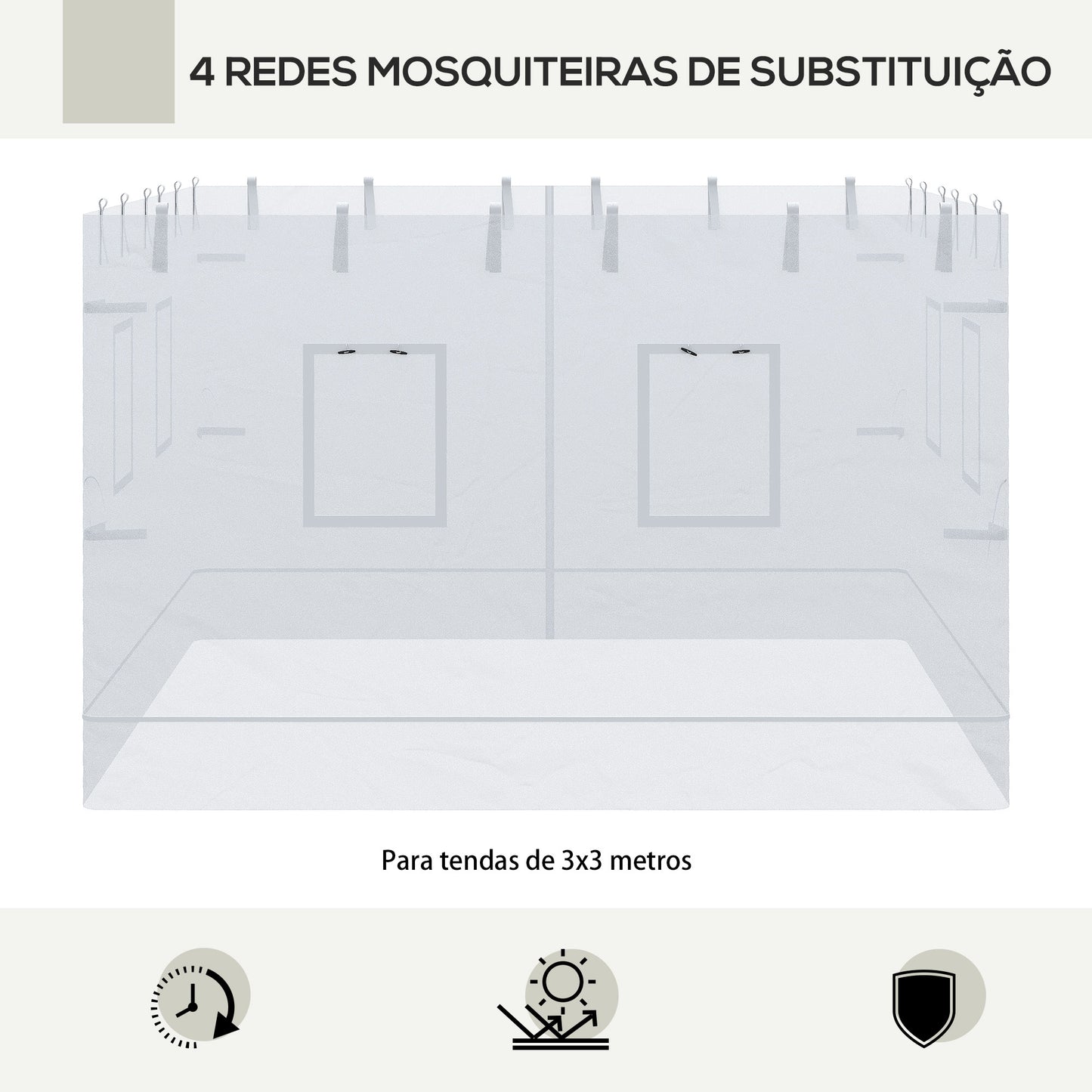 Outsunny 4 Redes Mosquiteiras para Tendas 300x195 cm Rede Mosquiteira com 6 Janelas Enroláveis Porta com Fecho de Correr e Bolsa de Transporte Branco