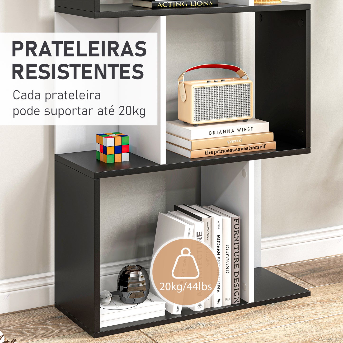 HOMCOM Estante para Livros Estante Alta de Parede com 5 Níveis em Forma de S Desenho Moderno para Sala de Estar Escritório 60x24x184,5 cm Branco e Preto