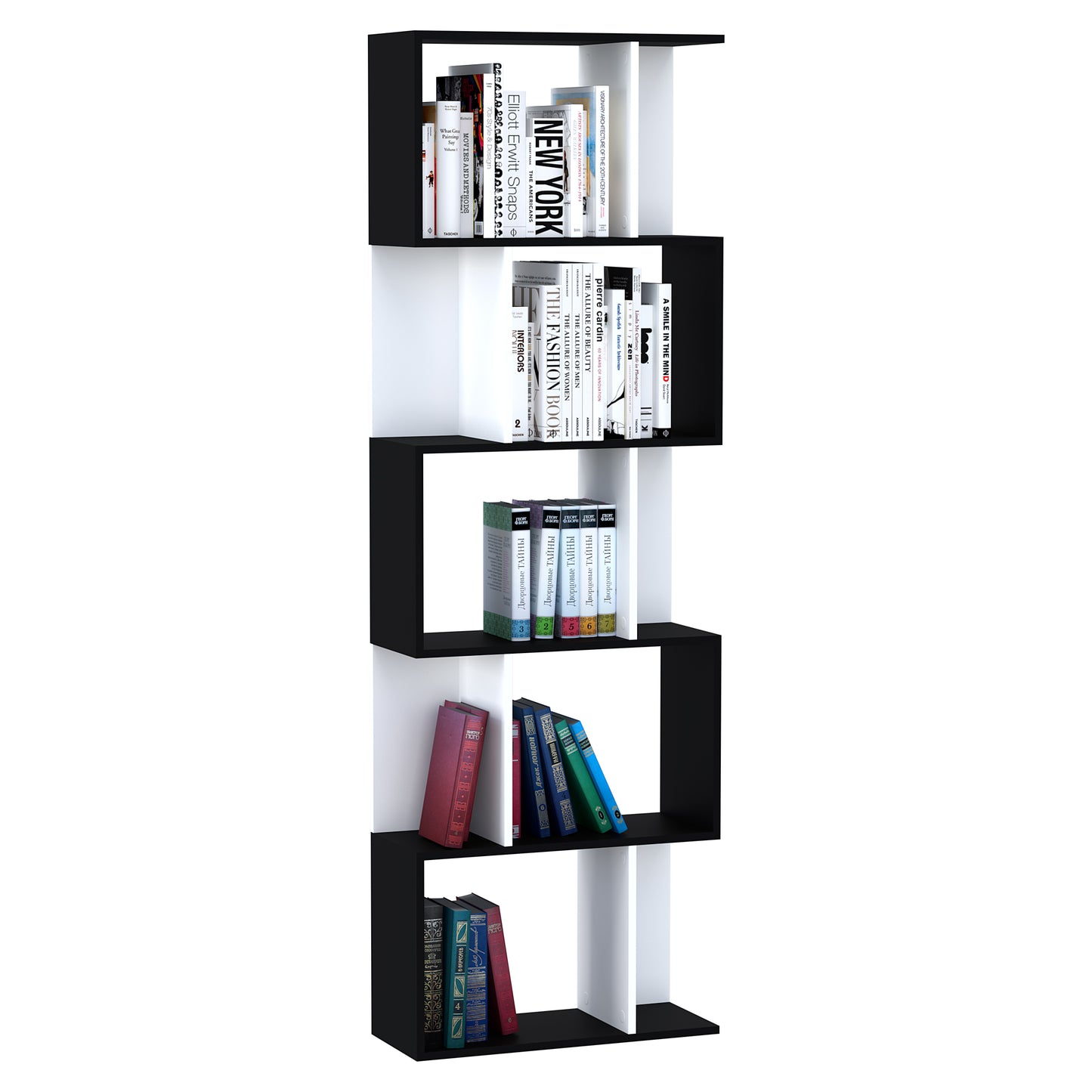 HOMCOM Estante para Livros Estante Alta de Parede com 5 Níveis em Forma de S Desenho Moderno para Sala de Estar Escritório 60x24x184,5 cm Branco e Preto