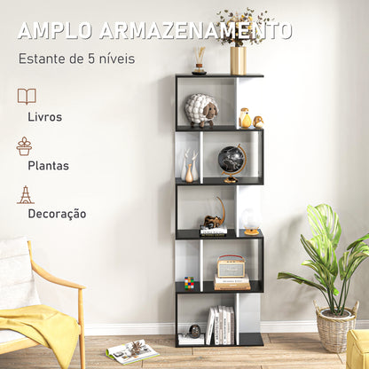 HOMCOM Estante para Livros Estante Alta de Parede com 5 Níveis em Forma de S Desenho Moderno para Sala de Estar Escritório 60x24x184,5 cm Branco e Preto