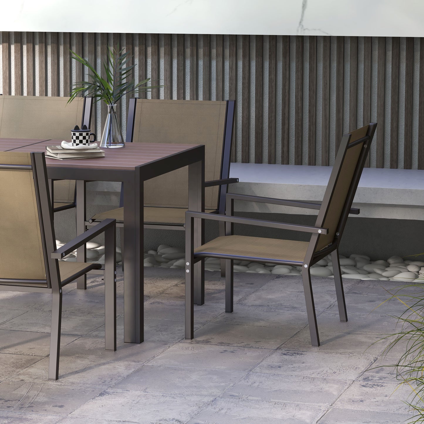 Outsunny Conjunto de Refeição de Exterior de 7 Peças Conjunto de Mesa e 6 Cadeiras de Jardim com Cadeiras Empilháveis e Estrutura de Aço para Terraço Pátio Cáqui