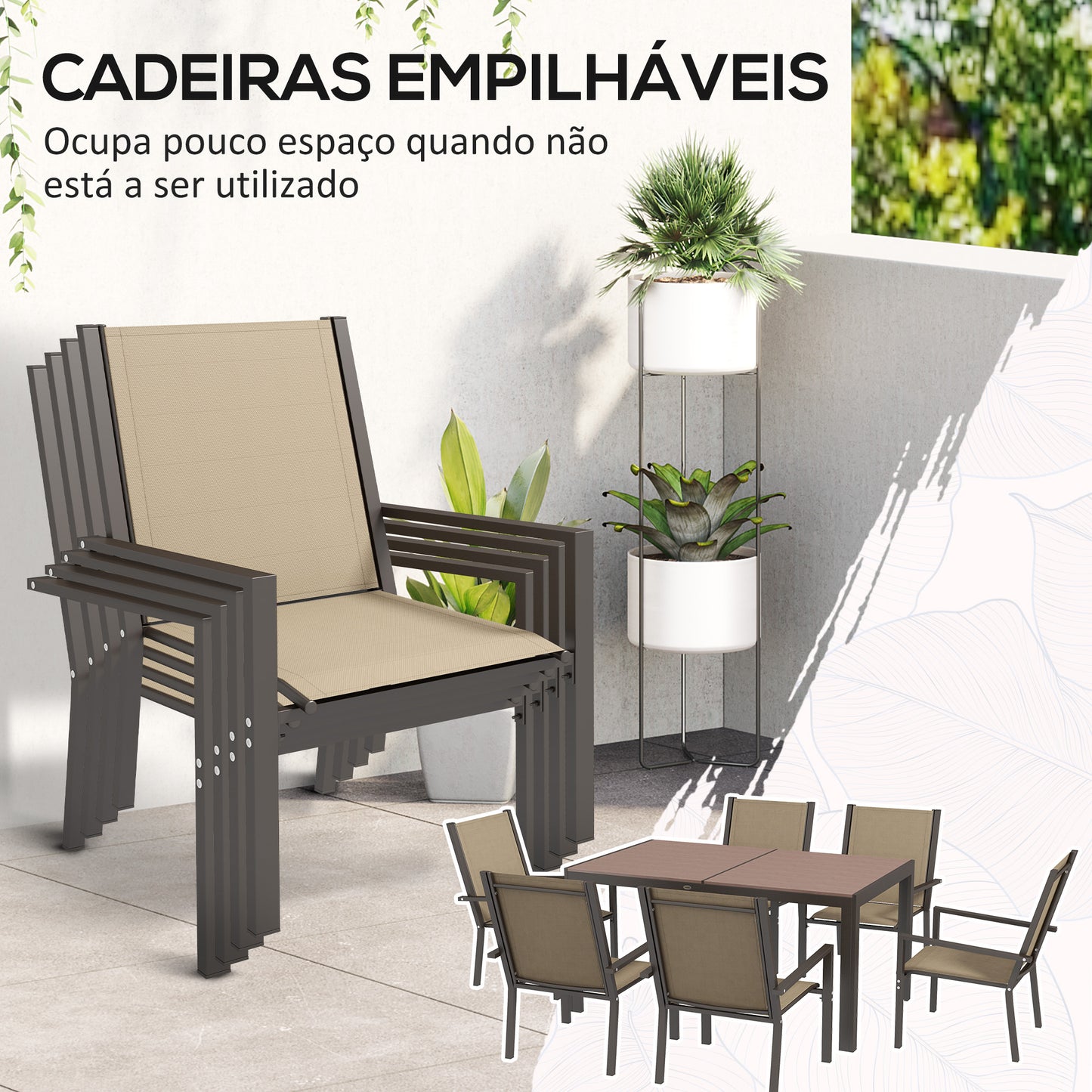 Outsunny Conjunto de Refeição de Exterior de 7 Peças Conjunto de Mesa e 6 Cadeiras de Jardim com Cadeiras Empilháveis e Estrutura de Aço para Terraço Pátio Cáqui